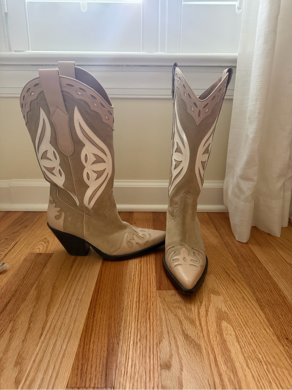 Toral Taupe and White Western Knee-High Heeled Cowboy Boots